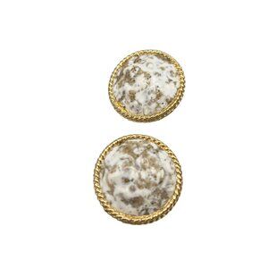 Vintage Signed Kramer Clip On Earrings Round Gold Tone White Brown Enamel